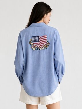 90s Nancy Crystal Americana Embroidered Button Front Shirt chambray Floral 6